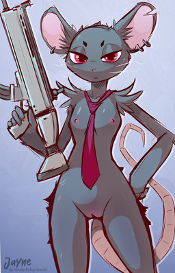 anthro areola black_body black_fur blue_background blush body_blush breasts cut_ear ear_piercing female fur genitals gradient_background gun looking_at_viewer monotone_body monotone_fur necktie nipples nude piercing pink_areola pink_tail ranged_weapon rat_tail red_eyes simple_background slim small_breasts solo standing tail tie_only vulva vulva_blush weapon whiskers jonas-puppeh epic_games fortnite camille_(fortnite) mammal murid murine rat rodent digital_media_(artwork) hi_res