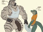 2024 anthro athletic_cup biceps big_muscles big_penis black_nipples black_penis black_stripes bottomless character_bio character_name clothed clothing conner_(oldshep) crocodile crocodilian crocodylid curtis_(oldshep) deltoids duo equid equine fur genitals gloves_(marking) green_body green_scales grey_hair hair hi_res jockstrap_down larger_anthro larger_male male mammal markings mohawk muscular muscular_anthro muscular_male nipples oldshep orange_clothing orange_shirt orange_topwear pecs penis penis_size_difference pubes reptile scales scalie serratus shirt short_sleeves size_difference skinny_anthro skinny_male small_penis smaller_anthro smaller_male striped_body striped_fur stripes tail_spines tank_top topwear vein veiny_penis white_body white_clothing white_fur white_shirt white_tank_top white_topwear yellow_sclera zebra