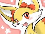 big_ears blush bow_(feature) bow_accessory ear_bow female feral fur looking_at_viewer open_mouth simple_background smile solo tongue yellow_body yellow_fur lulu_(artist) nintendo pokemon blaze_(lulu) canid canine fennekin generation_6_pokemon mammal pokemon_(species) 4:3 bust_portrait portrait