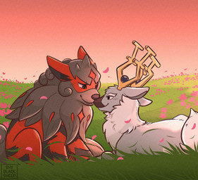ambiguous/ambiguous ambiguous_gender antlers blush blush_lines duo feral fur grass grey_body grey_fur horn looking_at_another love lying mane nose_to_nose orange_body orange_fur outside petals plant red_body red_fur sitting smile snout sunset white_body white_fur wind shyblacksheep nintendo pokemon canid canine cervine deer generation_8_pokemon hisuian_arcanine hisuian_form mammal pokemon_(species) regional_form_(pokemon) wyrdeer 2025 digital_drawing_(artwork) digital_media_(artwork) hi_res shaded signature