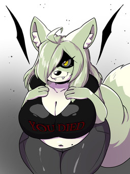 4_fingers ahoge anthro big_breasts big_tail bottomwear breasts cleavage clothed clothing dipstick_tail fangs female fingers fur green_body green_fur green_hair hair hair_over_eye huge_breasts inner_ear_fluff long_hair looking_at_viewer markings midriff mole_(marking) navel pants shadowed_eyes shirt simple_background slightly_chubby smile solo t-shirt tail tail_markings teeth thick_thighs topwear tuft wide_hips yellow_eyes anaugi fromsoftware vtuber shiki_(queenshiki) canid canine canis mammal wolf 2024 hi_res trans_(lore) trans_woman_(lore)