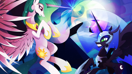 armor cutie_mark duo feathered_wings feathers female fight glowing gold_(metal) green_eyes headgear helmet horn jewelry magic moon necklace purple_eyes sharp_teeth sparkles spell teeth wings rariedash friendship_is_magic hasbro my_little_pony mythology nightmare_moon_(mlp) princess_celestia_(mlp) equid equine mammal mythological_creature mythological_equine winged_unicorn 16:9 2014 hi_res widescreen
