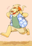 aloha_shirt anthro blush bottomwear carrying_another clothing duo eyes_closed feet kemono male pattern_clothing pattern_shirt pattern_topwear piggyback sand shirt shorts tattoo topwear panda_po canid canine felid fox mammal 2024 hi_res