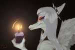 2024 3:2 amber_eyes anthro artist_name black_background blush candle cavemanon_studios claws cupcake digital_drawing_(artwork) digital_media_(artwork) dinosaur eyeliner fang_(gvh) feathered_wings feathers female finger_claws fingers food goodbye_volcano_high grey_body grey_scales hair hi_res long_hair makeup pterodactylus pterosaur reptile scales scalie silver_hair simple_background smile snoot_game snout solo taiarts watermark wings