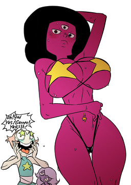3_eyes 4_fingers afro arms_bent aroused bare_shoulders big_breasts big_eyes big_mouth_(anatomy) bikini bikini_thong biped black_bikini black_clothing black_eyes black_swimwear black_text blue_blush blue_bottomwear blue_clothing blue_crop_top blue_eyes blue_shirt blue_skirt blue_topwear blush blushing_profusely bodily_fluids bottomwear breast_size_difference breasts bulging_eyes butt butt_from_the_front clothed clothed_female clothed_humanoid clothing crop_top dark_hair dialogue female fingers flat_chested grin group hair hair_over_eye hand_behind_head huge_breasts iris light_body light_hair light_skin lips long_hair looking_at_another low-angle_view mature_female mature_humanoid medium_hair monotone_body monotone_breasts monotone_hair monotone_skin multi_eye name_drop name_in_dialogue navel navel_piercing no_pupils not_furry open_mouth open_smile piercing pink_body pink_breasts pink_lips pink_nose pink_skin pink_tongue pointy_speech_bubble pose print_clothing print_shirt print_topwear pupils purple_body purple_eyes purple_skin red_blush red_eyes shirt simple_background skimpy skimpy_bikini skimpy_swimwear skirt smile smiling_at_another speech_bubble standing star star_eyes star_piercing star_print sweat sweatdrop sweaty_body sweaty_breasts swimwear talking_to_another tan_hair teeth text thick_lips thick_thighs thigh_gap tongue tongue_out topwear trio two-piece_swimsuit white_background white_body white_hair white_sclera white_skin white_speech_bubble wide_hipped_female wide_hipped_humanoid wide_hips yelling yellow_bikini yellow_clothing yellow_swimwear splooge cartoon_network steven_universe amethyst_(steven_universe) garnet_(steven_universe) pearl_(steven_universe) alien alien_humanoid amethyst_(gem_species) garnet_(gem_species) gem_(species) gem_fusion humanoid pearl_(gem_species) quartz_(gem_species) 2023 digital_drawing_(artwork) digital_media_(artwork) english_text