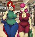 anthro anthrofied big_breasts blue_bottomwear blue_clothing blue_eyes blue_pants bottomwear breasts cleavage clothed clothing dialogue dress duo eyelashes eyes_closed eyewear female front_view glasses green_clothing green_shirt green_topwear hair horn inside jewelry mature_female necklace pants purse red_clothing red_dress red_hair shirt text topwear wide_hips yellow_body an-tonio friendship_is_magic hasbro my_little_pony mythology mrs._shy_(mlp) equid equine mammal mythological_creature mythological_equine unicorn absurd_res hi_res huge_filesize