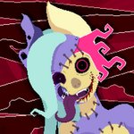 bat_nose black_sclera blood blue_hair bodily_fluids body_horror breasts female gore hair heterochromia long_tongue looking_at_viewer magic not_furry notched_ear open_mouth purple_body purple_skin sewn_mouth sewn_together sharp_teeth simple_background smile solo teeth tongue tongue_out yellow_body yellow_skin pinkpossum bat mammal patchwork_creature undead zombie 1:1 digital_media_(artwork) hi_res pixel_(artwork)