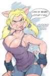 anthro big_breasts blonde_hair breasts female green_eyes hair huge_breasts pigtails smile solo text holimount domestic_pig mammal suid suine sus_(pig) english_text