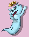 anthro anthrofied anus blue_body bow_tie breasts clothing featureless_breasts female genitals half-closed_eyes hat headgear headwear looking_at_viewer narrowed_eyes pussy solo anonymous_artist general_mills monster_cereals meow_berry domestic_cat felid feline felis ghost mammal spirit hi_res