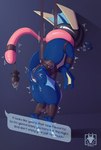 anthro bdsm bodily_fluids bondage bound butt buttplug chastity_device cum cum_on_butt genital_fluids hood latex long_tongue male plug_(sex_toy) presenting presenting_hindquarters restraints sensory_deprivation sensory_deprivation_hood sex_toy solo standing text tongue tongue_out n1k0 nintendo pokemon generation_6_pokemon greninja pokemon_(species) hi_res