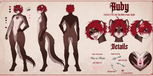 abs andromorph anthro barbell_piercing blush brown_body brown_fur clitoral clitoral_hood clitoris clitoris_piercing color_swatch fur gaping gaping_vagina genital_piercing genitals hair intersex leg_scar makeup nipple_piercing nipples nude piercing red_eyes red_hair running_makeup scar scars_all_over scars_on_chest self-harm solo tattoo thigh_scar tongue tongue_out tongue_piercing tsundere turnaround vulva evilbarashek ruby_(evilbarashek) domestic_ferret mammal mustelid musteline true_musteline weasel full-length_portrait hi_res model_sheet portrait