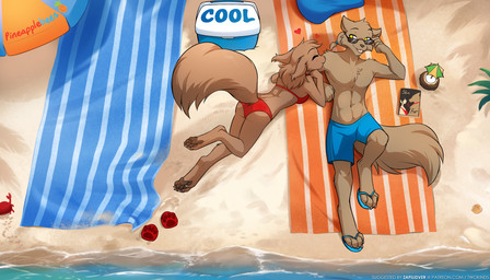 4_toes anthro anthrofied beach bikini bikini_bottom bikini_top breasts brown_body brown_fur brown_tail butt claws clothed clothed_anthro clothed_female clothed_male clothing digitigrade duo eyes_closed eyewear feet female fingers fluffy fluffy_tail footwear fur furgonomics glasses hair heart_symbol lying male navel on_back on_front outside pawpads paws sand sandals seaside shoes smile speech_bubble sunglasses swimming_trunks swimwear tail text toe_claws toes topless topless_male two-piece_swimsuit water yellow_eyes conditional_dnp tom_fischbach twokinds mrs._nibbly sythe_(twokinds) canid canine canis keidran mammal rodent sciurid tree_squirrel wolf 2025 7:4 digital_media_(artwork) hi_res