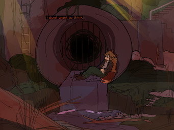 anthro clothed clothing eyewear female glasses ladder moody moody_lighting pipe rock scenery solo stairs text vent_art water catjamn karina_(catjamn) 2025 english_text sketch trans_(lore) trans_woman_(lore)