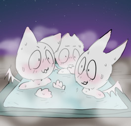 :3 ambiguous_anthro ambiguous_gender anthro bathing blush detailed_background group night partially_submerged smile spa steam trio white_body bravobunny imp