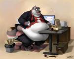 anthro belly belly_overhang belly_squish beverage big_belly biped button_(fastener) button_pop chair chubby_cheeks claws clothed clothing coffee computer desk dessert double_chin doughnut eating electronics food fur furniture grey_body grey_fur inside male midriff moobs obese obese_anthro obese_male overweight overweight_anthro overweight_male pastry pink_body pink_fur sitting smile solo squish table toe_claws trash_can underwear wardrobe_malfunction white_body white_fur kygen canid canine canis mammal wolf absurd_res hi_res