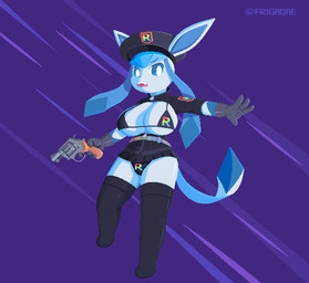 anthro anthrofied big_breasts bikini blue_body blue_eyes blue_hair bottomwear breasts cleavage clothed clothing fangs female gloves gun hair handgun handwear hat headgear headwear holding_gun holding_handgun holding_object holding_ranged_weapon holding_revolver holding_weapon huge_breasts jacket legwear looking_at_viewer low-angle_view open_clothing open_mouth open_shirt open_topwear panties panty_shot pattern_bottomwear pattern_clothing pattern_panties pattern_underwear pokemorph purple_background ranged_weapon revolver shirt simple_background skirt solo stockings swimwear tail teeth thick_thighs topwear triangle_bikini two-piece_swimsuit under_boob underwear weapon wide_hips frigadae nintendo pokemon team_rainbow_rocket team_rocket canid eeveelution generation_4_pokemon glaceon mammal pokemon_(species) 2020 digital_media_(artwork) full-length_portrait pixel_(artwork) portrait