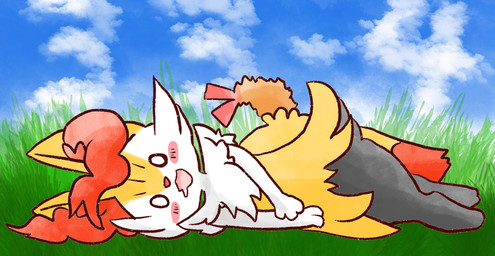 ambiguous_anthro ambiguous_gender anthro biped blush bodily_fluids detailed_background digitigrade drooling empty_eyes food grass looking_at_viewer lying number object_in_tail on_side open_:3 open_mouth outside plant saliva shrimp_(food) snout solo tail annyui0611 nintendo pokemon braixen canid generation_6_pokemon mammal pokemon_(species) 2022 digital_drawing_(artwork) digital_media_(artwork) full-length_portrait hi_res japanese_description portrait translated_description