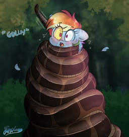 blue_body blush bodily_fluids coiling duo feathers female feral hair hypnosis loose_feather mind_control multicolored_hair rainbow_hair restrained squeezing surprised sweat sweatdrop wrapped_up fluffyxai friendship_is_magic hasbro my_little_pony the_jungle_book kaa_(jungle_book) rainbow_dash_(mlp) equid equine horse indian_python mammal pony python reptile scalie snake absurd_res crossover hi_res