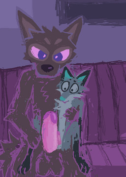 animal_genitalia anthro brown_body brown_fur duo fur genitals grey_body grey_fur humanoid_genitalia humanoid_penis hybrid_genitalia hybrid_penis male male/male penis penis_size_difference pink_penis sheath sheathed_humanoid_penis demensa emil_(demensa) canid canine canis coyote domestic_dog hybrid mammal 2018 hi_res