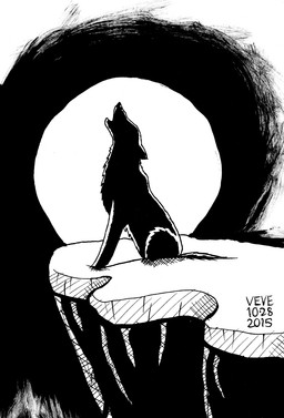ambiguous_feral ambiguous_gender chest_tuft cliff feral head_back howl quadruped side_view silhouette sitting solo tuft skyelegs canid canine canis mammal wolf 2015 black_and_white dated hi_res monochrome signature