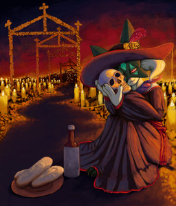 3_fingers anthro biped black_claws black_clothing black_dress black_hat black_headwear bread candle claws clothing dark_mask dress eyelashes fingers food fur green_body green_fur green_hair green_mask hair hat headgear headwear holding_skull human_skull paws pink_eyes red_clothing red_dress red_hat red_headwear smile smiling_at_viewer solo wine_bottle halfbaked-hope nintendo pokemon generation_9_pokemon meowscarada pokemon_(species) 2024 absurd_res digital_media_(artwork) digital_painting_(artwork) hi_res huge_filesize painting_(artwork)