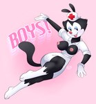 anthro blush clothed clothing crossed_legs female lipstick looking_at_viewer makeup nurse solo thick_thighs topless minxydoodle animaniacs animaniacs_(2020) warner_brothers dot_warner felid feline mammal hi_res