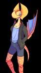 9:16 alpha_channel ambiguous_gender anthro beak bird_wyvern bottomwear capcom clothing crest_(disambiguation) exoskellet frill_(anatomy) hand_in_pocket hi_res jacket jewelry membrane_(anatomy) membranous_frill monster_hunter necklace pockets red_body scalie shorts solo standing topwear winged_arms wings yian_kut-ku
