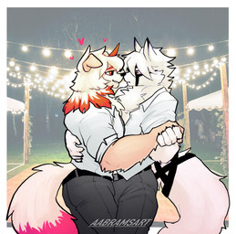 5_fingers anthro belt blush blush_lines bottomwear chest_tuft claws clothing collared_shirt dancing dress_shirt duo finger_claws fingers fluffy fluffy_tail fur grey_bottomwear grey_clothing grey_pants hair hand_holding highlights_(coloring) horn long_hair long_tail male male/male multicolored_hair nose_to_nose pants photo_background red_eyes red_hair red_highlights shirt smile snout tail topwear tuft two_tone_hair white_body white_fur white_hair aabramsart arknights hypergryph mihoyo studio_montagne zenless_zone_zero hung_(arknights) von_lycaon canid canine canis domestic_dog mammal thiren wolf 2025 absurd_res crossover hi_res photography_(artwork)