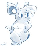 anthro bangs breasts featureless_breasts female hand_on_hip hand_on_own_hip nude short_stack solo spots wide_hips buzzkillbluefish nintendo pokemon nini_(abgallery) generation_1_pokemon nidorina pokemon_(species) blue_theme sketch