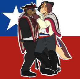 anthro barazoku beard black_body black_fur blush body_hair brown_body brown_fur chile chilean_flag chin_grab chupalla clothing duo facial_hair fangs fur hat headgear headwear huaso male male/male muscular muscular_anthro muscular_male mustache orange_body orange_fur smile straw_hat tail tail_motion tailwag teeth yellow_body yellow_fur zordykeaboo home_zomewhere_else chad_harman fred_kent canid canine canis dobermann domestic_dog german_shepherd herding_dog hybrid mammal mastiff molosser pastoral_dog pinscher rottweiler hi_res spanish_description