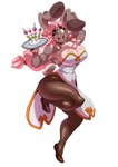 anthro big_breasts blush breasts brown_body brown_fur cleavage clothed clothing eyebrow_through_hair eyebrows female fishnet_clothing fishnet_legwear food fur green_eyes hair hand_behind_head legwear long_ears long_hair multicolored_body multicolored_fur one_eye_closed open_mouth pantyhose pink_hair shirt_collar shirt_cuffs solo translucent translucent_hair two_tone_body two_tone_fur white_body white_fur chalo las_lindas taffy_(las_lindas) lagomorph leporid mammal rabbit 2023 absurd_res hi_res