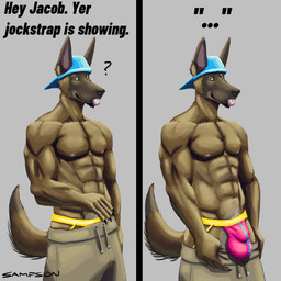 abs anthro athlete backwards_baseball_cap backwards_cap backwards_hat balls_outline barazoku baseball_cap bedroom_eyes biceps big_bulge big_muscles big_pecs blep blue_baseball_cap blue_clothing blue_hat blue_headwear bottomwear bottomwear_around_legs bottomwear_pull brown_body brown_bottomwear brown_clothing brown_fur brown_pants bulge clothed clothing clothing_around_legs clothing_pull detailed_bulge dialogue drawstring drawstring_bottomwear drawstring_pants flirting flirting_look flirting_with_viewer fur genital_outline grey_background grin grinning_at_viewer hat headgear headwear inviting inviting_to_sex inviting_viewer jock jockstrap male manly muscular muscular_anthro muscular_arms muscular_male muscular_thighs narrowed_eyes offering_sex offering_to_viewer pants pants_around_legs pants_pull partially_clothed partially_clothed_anthro partially_clothed_male pecs penis_outline presenting presenting_body presenting_bulge presenting_pecs pubes red_clothing red_jockstrap red_underwear sagging sagging_pants seducing_viewer seductive showing_off_muscles simple_background smile smiling_at_viewer smirk smirking_at_viewer solo sweatpants tail teasing teasing_viewer text thick_arms thick_thighs tongue tongue_out topless topless_anthro topless_male tough_guy underwear yellow_clothing yellow_jockstrap yellow_underwear sampsonwoof jacob_caesari canid canine canis domestic_dog herding_dog malinois_dog mammal pastoral_dog sheepdog 1:1 absurd_res english_text hi_res