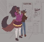 aged_up anthro bottomwear breasts canid canine clothing clover_(undertale_yellow) cowboy_hat date duo el_bailador_(undertale_yellow) female fox hair hat headgear headwear human human_on_anthro interspecies kanako_ketsukane legwear male mammal monster ponytail signirsol skirt stockings text thick_thighs undertale_(series) undertale_yellow