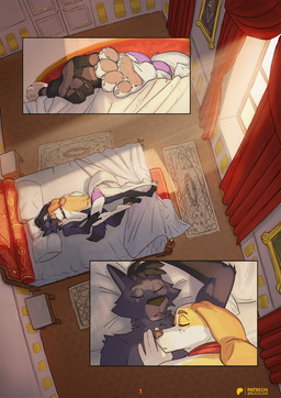 anthro anthrofied bed bedroom black_body black_fur claws clothed clothing curtains duo eyes_closed feet finger_claws footsie fur furniture hair inside lying male male/male on_back on_bed open_mouth pawpads pillow pink_pawpads romantic romantic_ambiance sleeping sleeping_on_partner sleeping_together tail toe_claws topless topless_anthro topless_male underwear underwear_only window lion21 belfort_and_lupin belfort_(belfort_and_lupin) lupin_(belfort_and_lupin) bird_dog canid canine canis domestic_dog french_spaniel hunting_dog hybrid mammal spaniel wolfdog comic digital_media_(artwork) hi_res multiple_scenes shaded