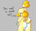 2018 animal_crossing anthro belly big_belly butt butt_focus canid canine canis digital_drawing_(artwork) digital_media_(artwork) domestic_dog female fur grey_background isabelle_(animal_crossing) looking_at_viewer mammal nintendo nude open_mouth outletdraws pregnant shih_tzu short_stack simple_background smile solo standing third-party_edit toy_dog white_body white_fur yellow_body yellow_fur