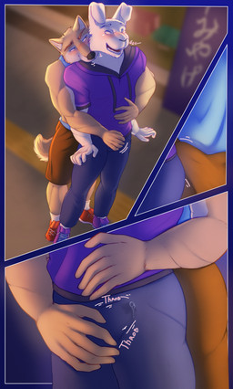 anthro blush bodily_fluids clothed clothing dominant duo erection fur genital_fluids genitals humanoid_genitalia interspecies male male/male muscular muscular_male precum predator/prey public simple_background tail teasing text nabotart tennis_ace keisuke_urushihara yuuichi_michimiya canid canine canis domestic_dog lagomorph leporid mammal rabbit shiba_inu spitz absurd_res digital_media_(artwork) english_text hi_res