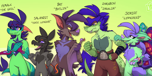 accessories_only alternate_species anthro arm_tuft blue_hair bottomwear brown_body brown_fur chest_markings clothed clothing crossgender elbow_tuft eye_through_hair eyebrow_through_hair eyebrows eyelashes fangs female flat_chested fluffy fluffy_chest fluffy_tail fur gloves_(marking) green_body green_fur green_scales grey_body grey_scales group grumpy hair hand_on_arm horn insect_wings leg_markings lepidopteran_wings looking_at_another male markings mostly_nude nude pants pants_only ponytail pseudo_hair purple_eyes purple_hair scales simple_background smile socks_(marking) spades_(suit) square_crossover suit_symbol tail tail_tuft talking_to_another teeth text topless translucent translucent_hair tuft wings conditional_dnp greenlinzerd mythology nintendo pokemon linzer alien bat dragon generation_7_pokemon jeniff lizard mammal mythological_creature mythological_scalie pokemon_(species) reptile salandit scalie zarubon 2025 character_name english_text hi_res signature