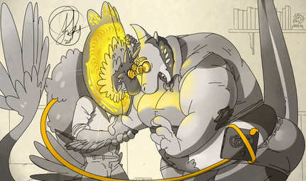 3_eyes anthro anthro_on_anthro arm_tuft beard bottomwear clothed clothing collared_shirt computer dominant dominant_male duo elbow_tuft electronics eye_contact facial_hair fully_clothed gesture handshake horn hypnosis larger_male larger_sub looking_at_another male male/male midriff mind_control multi_eye open_mouth polo_shirt ringed_eyes shirt shorts size_difference smaller_male submissive submissive_male tail tight_clothing topwear tuft amby mythology note_raygun dinosaur dragon mythological_creature mythological_scalie prehistoric_species reptile scalie 2020