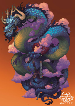 4_horns beard black_beard black_facial_hair black_hair black_mane black_whiskers blue_body blue_scales bracelet claws countershade_torso countershading facial_hair feral gradient_background hair horn jewelry katana long_body male mane melee_weapon multi_horn multicolored_body orange_background purple_smoke red_body red_scales scales sharp_teeth simple_background smoke snarling solo spiked_bracelet spikes sword tail tail_tuft teeth tuft weapon whiskers yellow_sclera wafalo mythology one_piece kaido_(one_piece) dragon eastern_dragon mythological_creature mythological_scalie scalie 2023 absurd_res full-length_portrait hi_res portrait