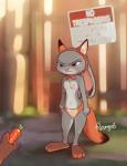 anthro blue_eyes blush breasts clothed clothing dipstick_ears disembodied_hand duo ear_markings fake_ears fake_fox_ears fake_fox_tail fake_tail female fox_costume glare male multicolored_ears navel nipples small_breasts solo_focus topless tears-of-blade disney zootopia judy_hopps nick_wilde lagomorph leporid mammal rabbit 2017