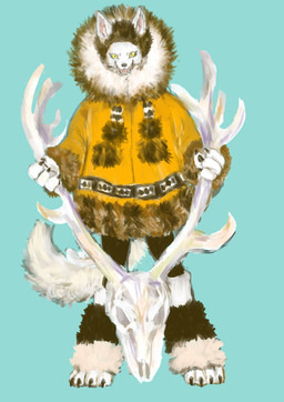 4_toes anthro black_nose blue_background bone bottomwear claws clothed clothing coat fangs feet female fluffy fur green_eyes horn jacket looking_at_viewer open_mouth paws simple_background skull smile solo standing tail teeth toes topwear white_body white_fur winter_clothing yellow_eyes kyokyota canid canine canis mammal wolf 2019 absurd_res digital_media_(artwork) hi_res