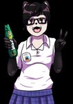 anthro beverage black_body black_fur black_hair bottomwear brown_eyes clothing collar_shirt drawing_glove energy_drink eyewear fangs femboy fingerless_(marking) fingerless_gloves fur gesture glasses gloves hair hand_gesture handwear holding_object looking_at_viewer male markings open_mouth pleated_skirt school_uniform simple_background skirt smile solo teeth transparent_background uniform uvula v_sign whisker_spots white_markings evan_harrey ucu_harrey bear jucumari mammal short-faced_bear spectacled_bear ucumar alpha_channel hi_res meme