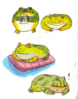 ambiguous_gender exclamation_point feral green_body group holding_object open_mouth simple_background white_background yellow_body yellow_eyes osier_forest amphibian frog species_request 2023 hi_res sketch_page