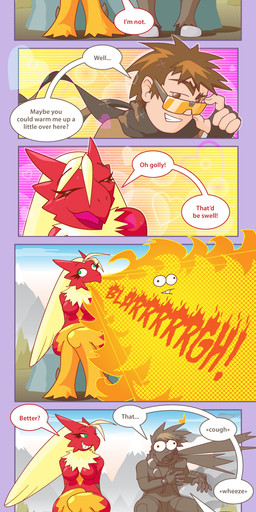 anthro breasts breath_powers brown_hair burning burnt_clothing clothed clothed_human clothing cough dialogue duo elemental_manipulation eyewear featureless_breasts female fire fire_breathing fire_manipulation flirting glasses grin hair heart_symbol knock-kneed long_hair male male/female nude_anthro red_body rock scarf short_hair sitting smile text wearing_glasses donotdelete nintendo pokemon blaziken generation_3_pokemon human mammal pokemon_(species) 2011 comic dated english_text hi_res signature url