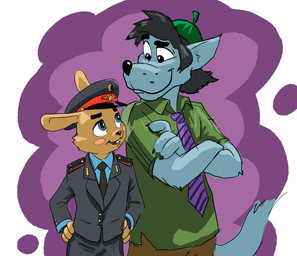 anthro clothed clothing cosplay duo male police police_uniform russian simple_background uniform disney soyuzmultfilm well_just_you_wait! zootopia volk_(wjyw) zayats_(wjyw) canid canine canis hare lagomorph leporid mammal wolf crossover
