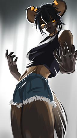 5_fingers anthro athletic athletic_anthro athletic_female biped black_clothing black_hair black_topwear bottomwear brown_body brown_fur clothing denim denim_bottomwear denim_clothing denim_shorts ear_piercing female female_anthro fingers fur hair looking_at_viewer low-angle_view midriff muscular muscular_thighs orange_eyes piercing pose shirt short_hair shorts simple_background solo standing tank_top topwear oricyuwu omari_(oricyuwu) hyena mammal 2025 9:16 absurd_res hi_res portrait three-quarter_portrait