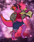 anthro ballista_(fahrun) big_gun big_tail bomber_jacket bottomwear clothing crop_top cutoffs denim denim_bottomwear denim_clothing digital_drawing_(artwork) digital_media_(artwork) digitigrade female gun hand_on_hip hi_res horn humanoid knee_pads kobold legwear looking_at_viewer midriff mottled multicolored_body patched_clothing ranged_weapon scalie shadowrun shirt shorts sigmand simple_background solo tabletop_game tail thigh_highs thong_straps tongue tongue_out topwear weapon
