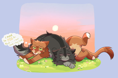 animal_genitalia balls blush bodily_fluids casual_exposure crossed_arms cuddling detailed_background dialogue duo ears_down eyes_closed feral feral_on_feral flower fluffy fully_sheathed fur fuzzy genitals grass green_eyes grey_body grey_fur heart_(marking) imminent_peeing male male/male markings omorashi on_bottom on_top open_mouth orange_body orange_fur outside pinned pinned_to_ground pivoted_ears plant raised_leg sheath sleeping smile stuck sun sweat tail text thought thought_bubble littleperrito warriors_(book_series) firestar_(warriors) graystripe_(warriors) domestic_cat felid feline felis mammal 2026 english_text hi_res