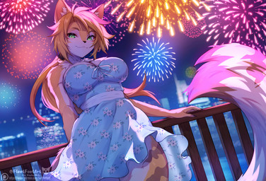 anthro biped blonde_hair breasts claws clothed clothed_anthro clothed_female clothing dress female finger_claws fingers fireworks front_view fur hair inner_ear_fluff looking_at_viewer night outside smile solo standing tail tuft yellow_body yellow_fur yellow_tail fleet-foot mihoyo zenless_zone_zero pulchra_fellini felid feline mammal 2025 digital_drawing_(artwork) digital_media_(artwork)