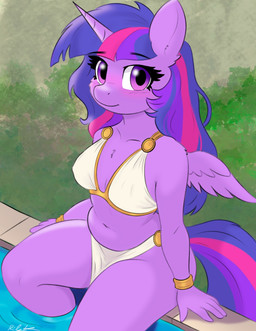 anthro belly_dancer blush chest_tuft clothing female grass hair harem_outfit horn long_hair looking_at_viewer plant poolside solo swimwear tuft wings riley_draws friendship_is_magic hasbro my_little_pony mythology twilight_sparkle_(mlp) equid equine mammal mythological_creature mythological_equine winged_unicorn hi_res